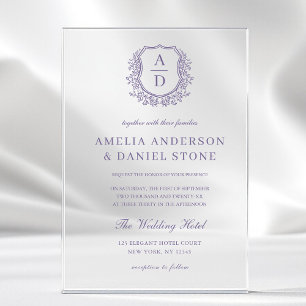 Invitations En Acrylique Mariage de monogramme de crête florale violette de
