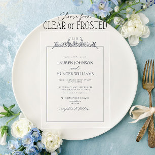 Invitations En Acrylique Mariage de monogramme de la frontière florale bleu