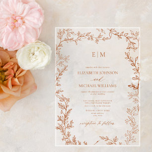 Invitations En Acrylique Mariage de monogramme Élégant à la feuille brûlé m