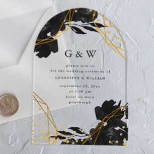 Invitations En Acrylique Mariage de Monogramme floral noir géométrique mode