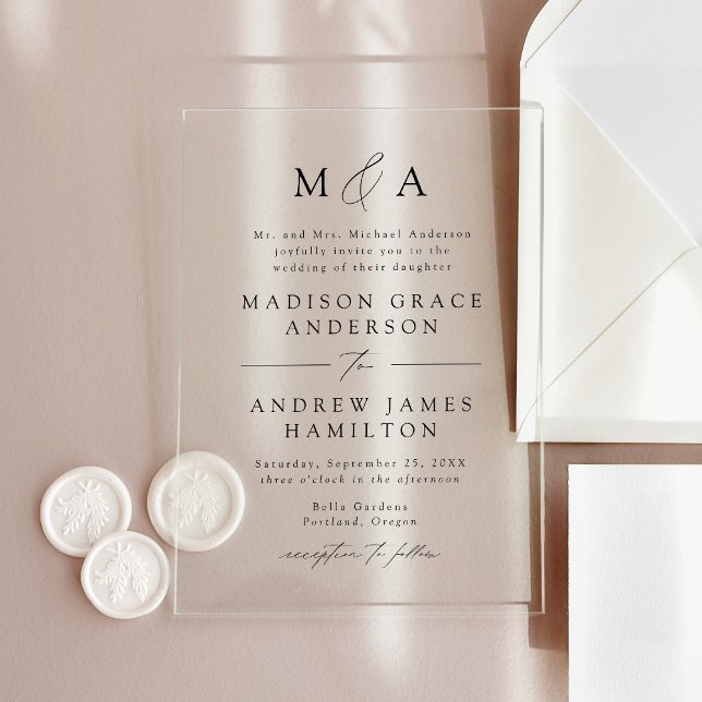 Invitations En Acrylique Mariage de monogramme moderne élégant en noir (Créateur téléchargé)