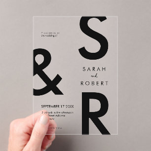 Invitations En Acrylique Mariage de monogramme noir moderne
