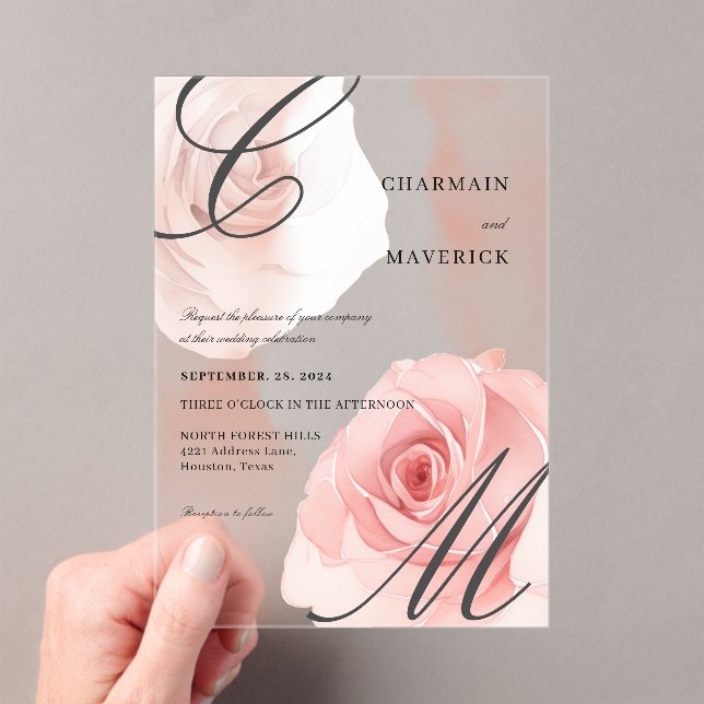 Invitations En Acrylique Mariage de monogramme rose pâle (In situ (ordinateur de poche))