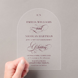 Invitations En Acrylique Mariage de monogramme rouge romantique