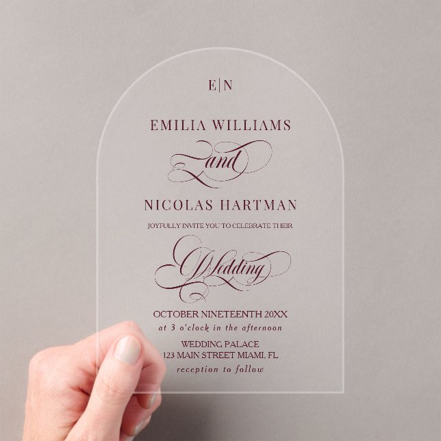 Invitations En Acrylique Mariage de monogramme rouge romantique (In situ (ordinateur de poche))