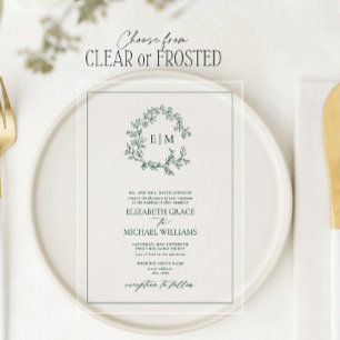 Invitations En Acrylique Mariage de monogramme vert émeraude