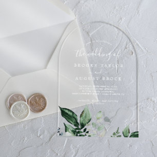 Invitations En Acrylique Mariage de montagne blanc à la verdure émeraude d'