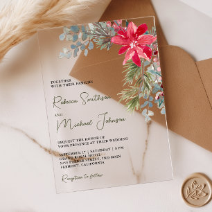 Invitations En Acrylique Mariage de Noël aux Fleurs de Poinsettia