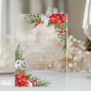 Invitations En Acrylique Mariage de Noël Poinsettia Verdure d'Hiver