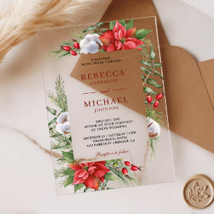 Invitations En Acrylique Mariage de Noël rustique au poinsettia