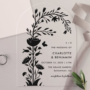 Invitations En Acrylique Mariage de papillon floral noir moderne