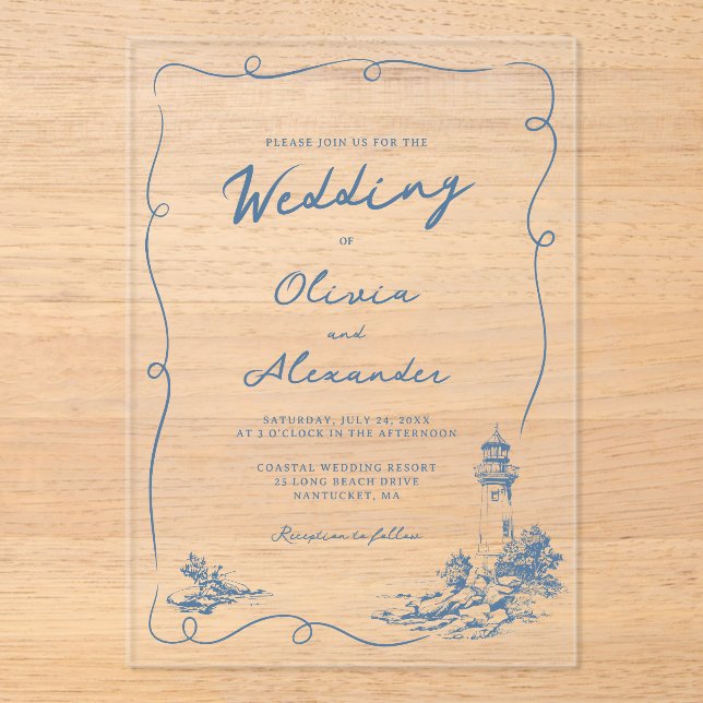 Invitations En Acrylique Mariage de Phare Côtiers Dessinés à la Main Fantai (Recto)