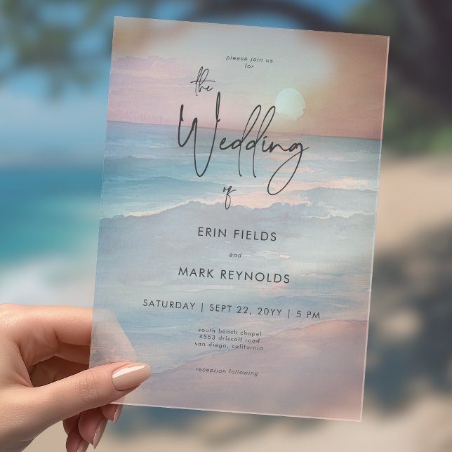 Invitations En Acrylique Mariage de plage à l'aquarelle au coucher du solei (Créateur téléchargé)