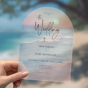 Invitations En Acrylique Mariage de plage à l'aquarelle au coucher du solei