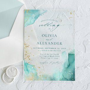 Invitations En Acrylique Mariage de plage abstrait sarcelle et or moderne