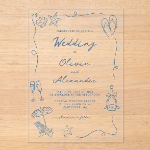 Invitations En Acrylique Mariage de plage bleu côtier fantaisiste dessiné à