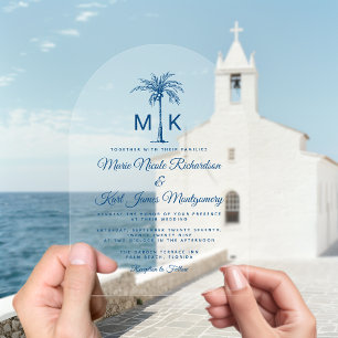 Invitations En Acrylique Mariage de plage formel au palmier à monogramme él