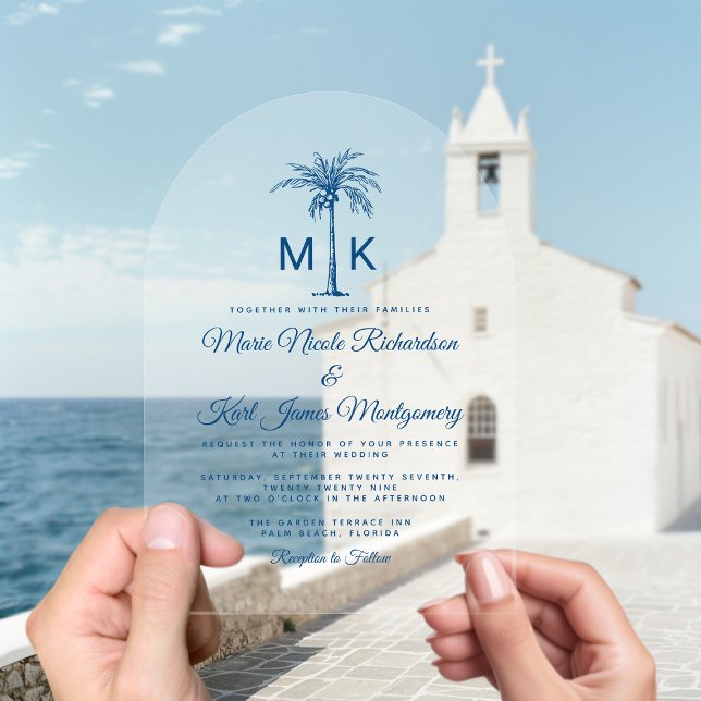 Invitations En Acrylique Mariage de plage formel au palmier à monogramme él (Elegant Monogram Palm Tree Formal Beach Wedding Acrylic Invitation)