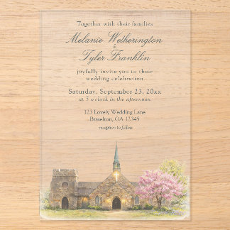 Invitations En Acrylique Mariage de printemps à la chapelle en pierre aquar