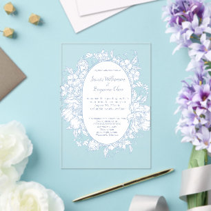 Invitations En Acrylique Mariage de réception élégant bleu floral Open Hous