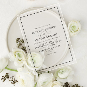 Invitations En Acrylique Mariage de script classique en noir et blanc