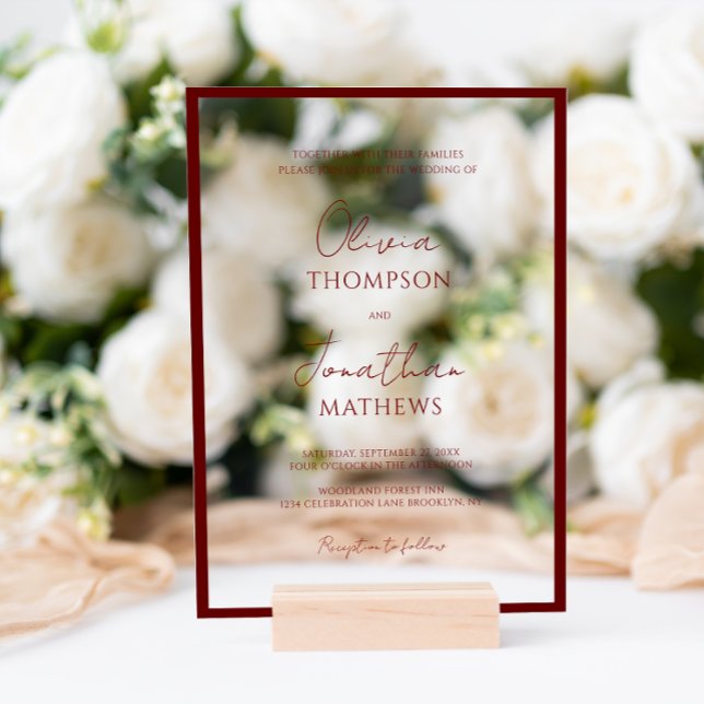 Invitations En Acrylique Mariage de script de bordure rouge Crimson simple (Créateur téléchargé)