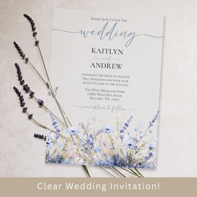 Invitations En Acrylique Mariage de script élégant à fleurs sauvages bleues (Dusty Blue Wild Flower Acrylic Clear Wedding Invitation)