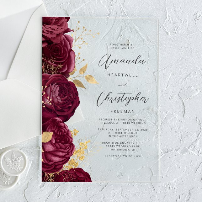 Invitations En Acrylique Mariage de script Floral Or Bourgogne (Créateur téléchargé)