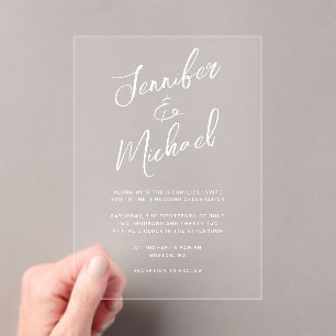 Invitations En Acrylique Mariage de script moderne à main blanche