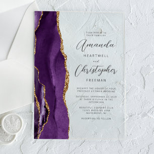 Invitations En Acrylique Mariage de script moderne Purple Agate Gold