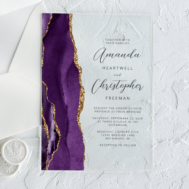 Invitations En Acrylique Mariage de script moderne Purple Agate Gold (Créateur téléchargé)