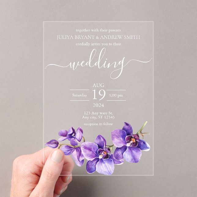 Invitations En Acrylique Mariage de script orchidée violet (In situ (ordinateur de poche))
