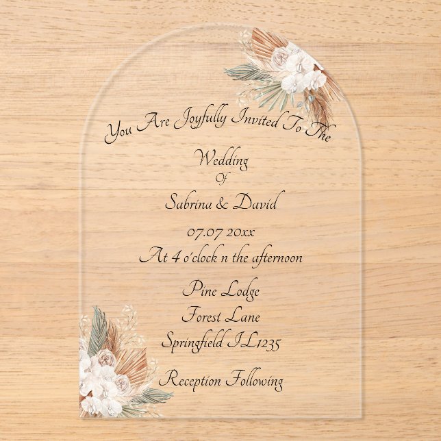 Invitations En Acrylique Mariage de terre cuite et fleurs de crème (Recto)