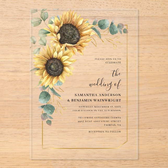Invitations En Acrylique Mariage de tournesol à l'aquarelle florale (Recto)