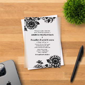 Invitations En Acrylique Mariage de tournesol en lin blanc noir