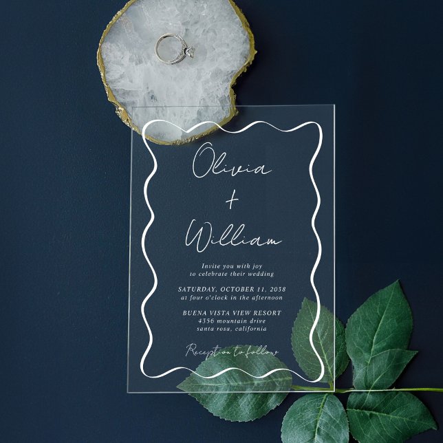 Invitations En Acrylique Mariage de trame Wavy Script blanc chic (Make your wedding day unforgettable with stunning arch acrylic invitations—modern, elegant, unique!)