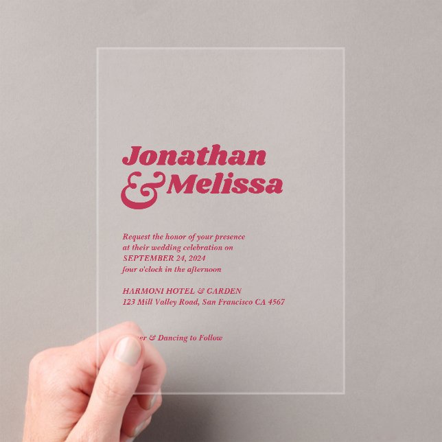 Invitations En Acrylique Mariage de typographie rose chaud Bold Chic Retro (In situ (ordinateur de poche))