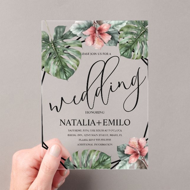 Invitations En Acrylique Mariage de verdure de branche de Monstera à l'aqua (In situ (ordinateur de poche))