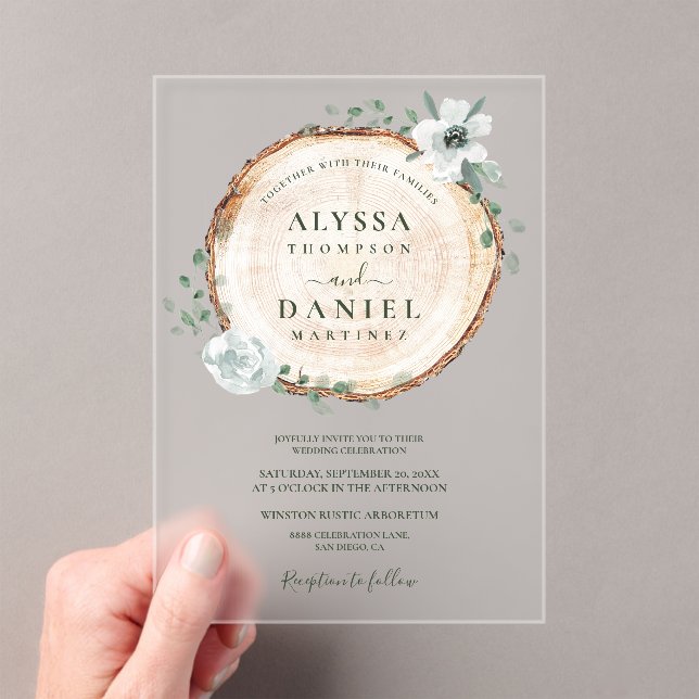 Invitations En Acrylique Mariage de verdure tranche de bois rustique (In situ (ordinateur de poche))