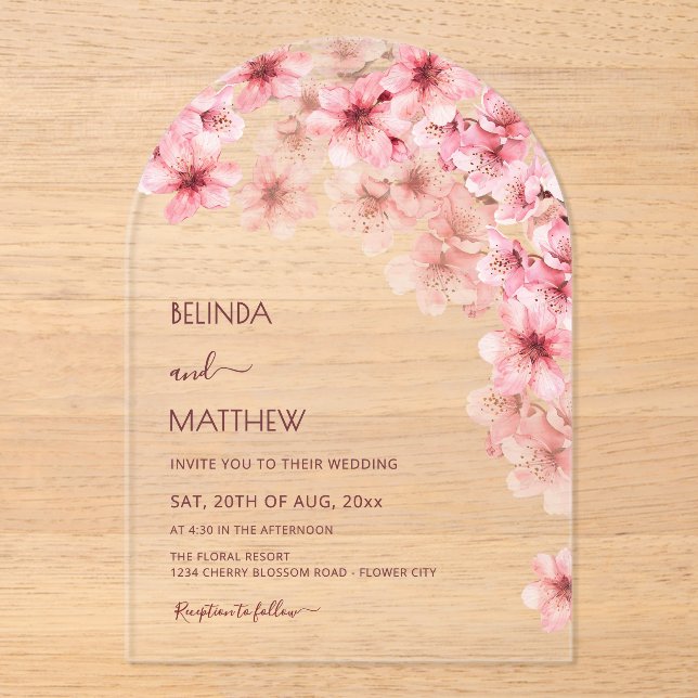Invitations En Acrylique Mariage décontracté sous les fleurs de cerisier (Recto)