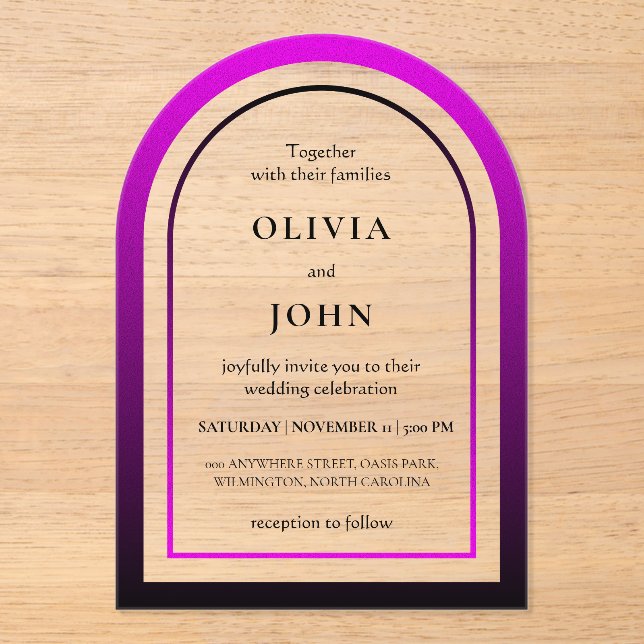 Invitations En Acrylique Mariage dégradé noir magenta (Recto)