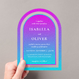 Invitations En Acrylique Mariage dégradé rose brumeux et bleu ciel clair