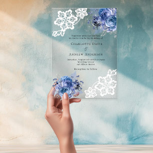 Invitations En Acrylique Mariage dentelle bleu floraux