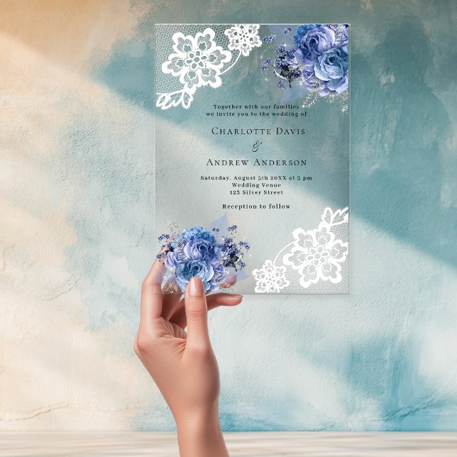 Invitations En Acrylique Mariage dentelle bleu floraux (Créateur téléchargé)