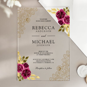 Invitations En Acrylique Mariage dentelle or florale magenta fuchsia
