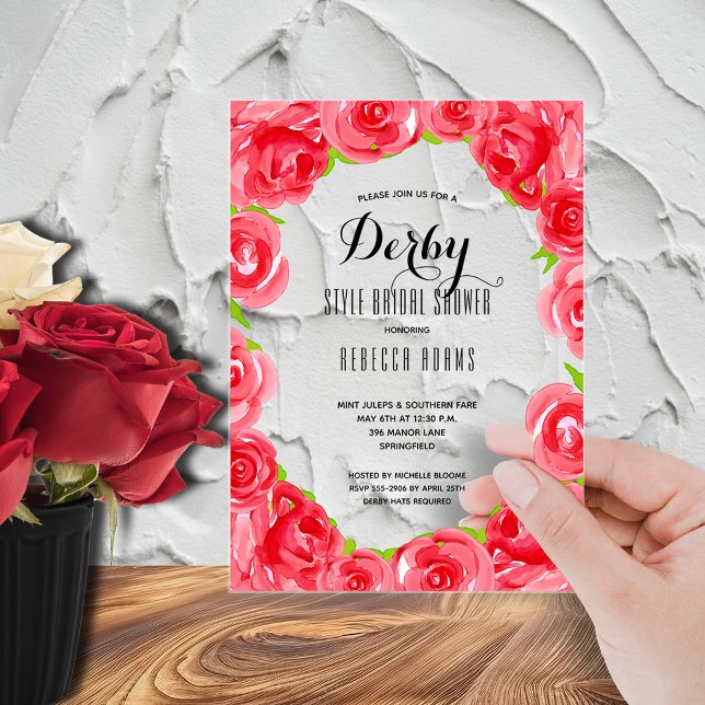 Invitations En Acrylique Mariage Derby Fête de Fiançailles (Red roses Derby bridal shower acrylic invitations - order clear or frosted)