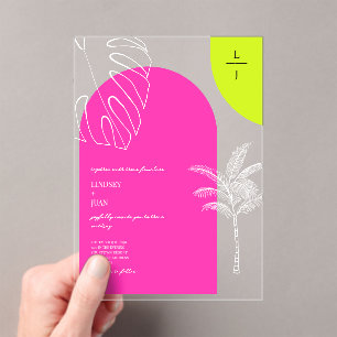 Invitations En Acrylique Mariage des arches de monogramme de néon tropical