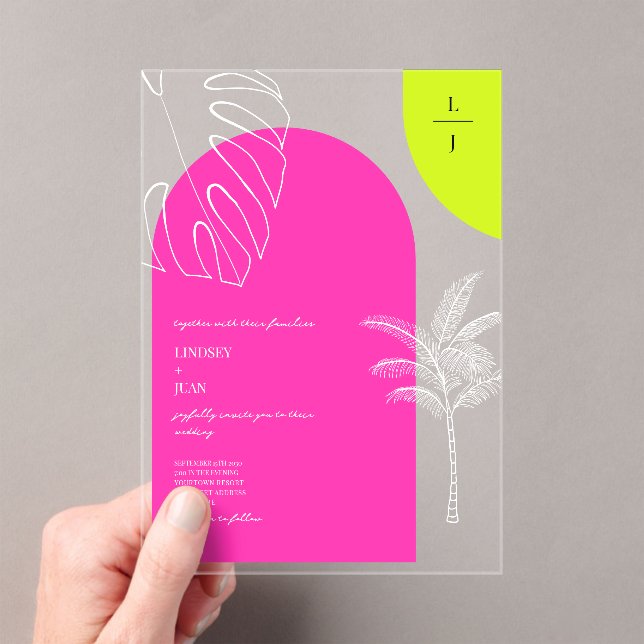 Invitations En Acrylique Mariage des arches de monogramme de néon tropical (In situ (ordinateur de poche))