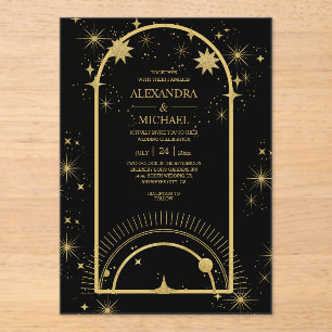 Invitations En Acrylique Mariage des étoiles célestes mystiques d'or noir