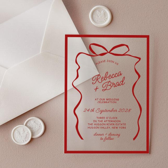 Invitations En Acrylique Mariage d'esquisse de ruban à ruban à main rouge (Red Hand Drawn Bow Ribbon Sketch Wedding Acrylic Invitations)